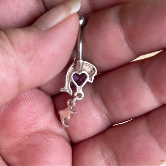 925 Sterling silver dolphin dangle bellybutton ring w/ purple crystal heart💜 - Picture 3 of 5